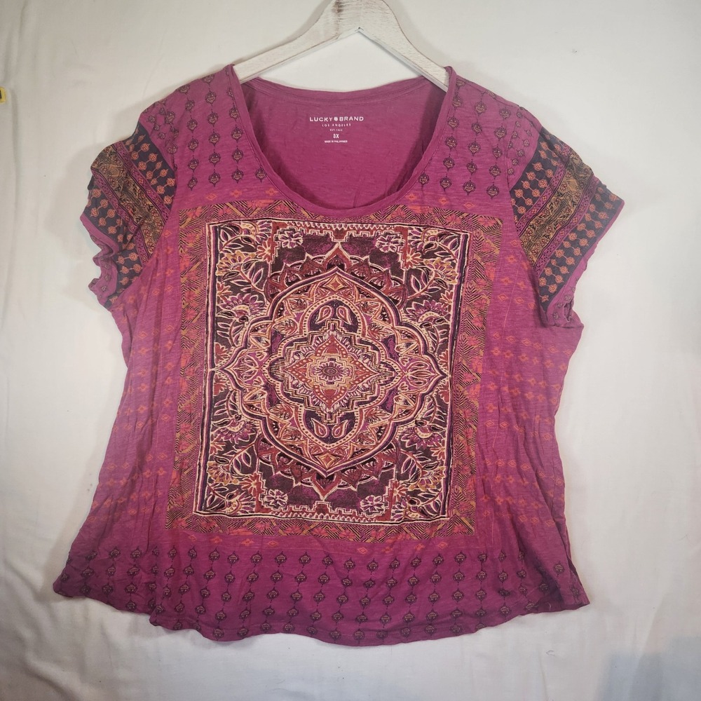 Lucky Brand Womens 3X Magenta Purple Boho Mandala Graphic Short Sleeve Tee Shirt